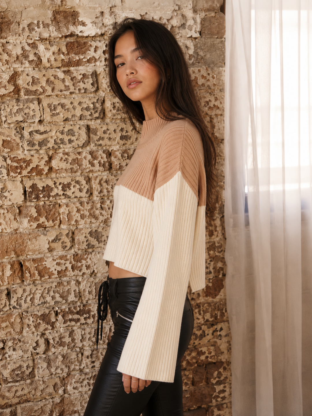 Final Sale - Somedays Lovin - Like a Melody Jumper Ribbed Bell Sleeve Sweater in Cream/Dusty Pink