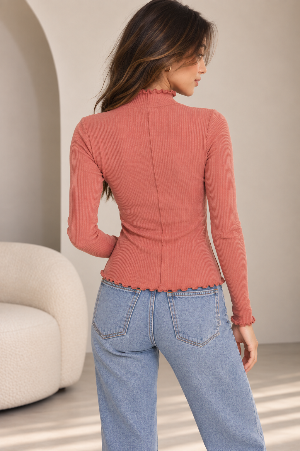 Long Sleeve Ribbed Mock Neck Knit Top in Brick back view with ribbed texture and lettuce-edge trim