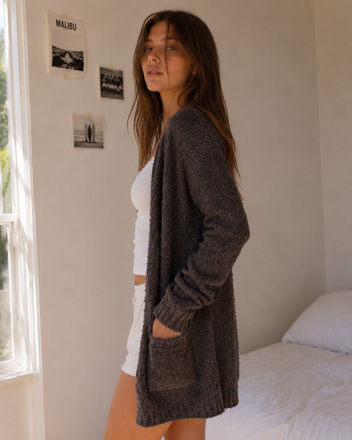 Final Sale - MINKPINK - Looped Out Longline Open Front Knit Cardigan in Charcoal