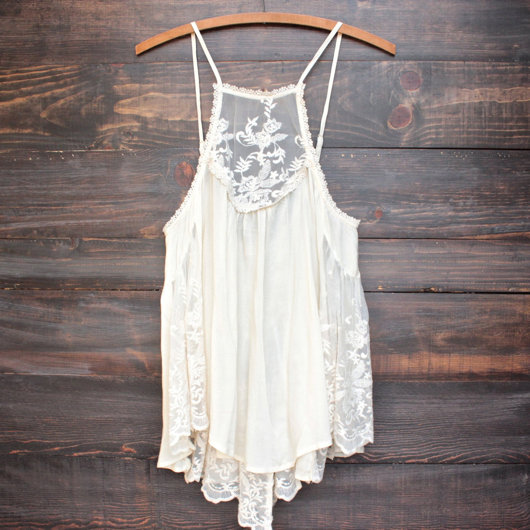 Los Cabos natural lace tank on a hanger, front view