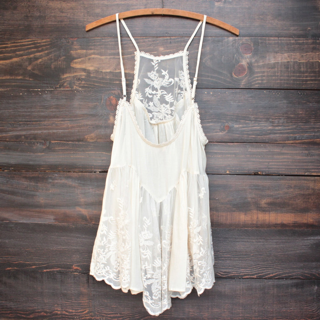 Los Cabos natural lace tank on a hanger, angled front view