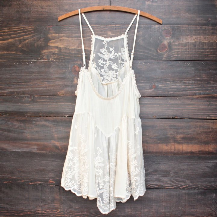 Los Cabos natural lace tank on a hanger, angled front view