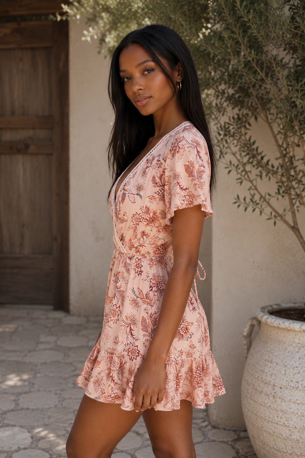 A woman wearing a short-sleeve wrap-style mini dress with a dusty rose and pink floral print, standing in an outdoor patio setting with a stucco wall, wooden door, and potted plant.