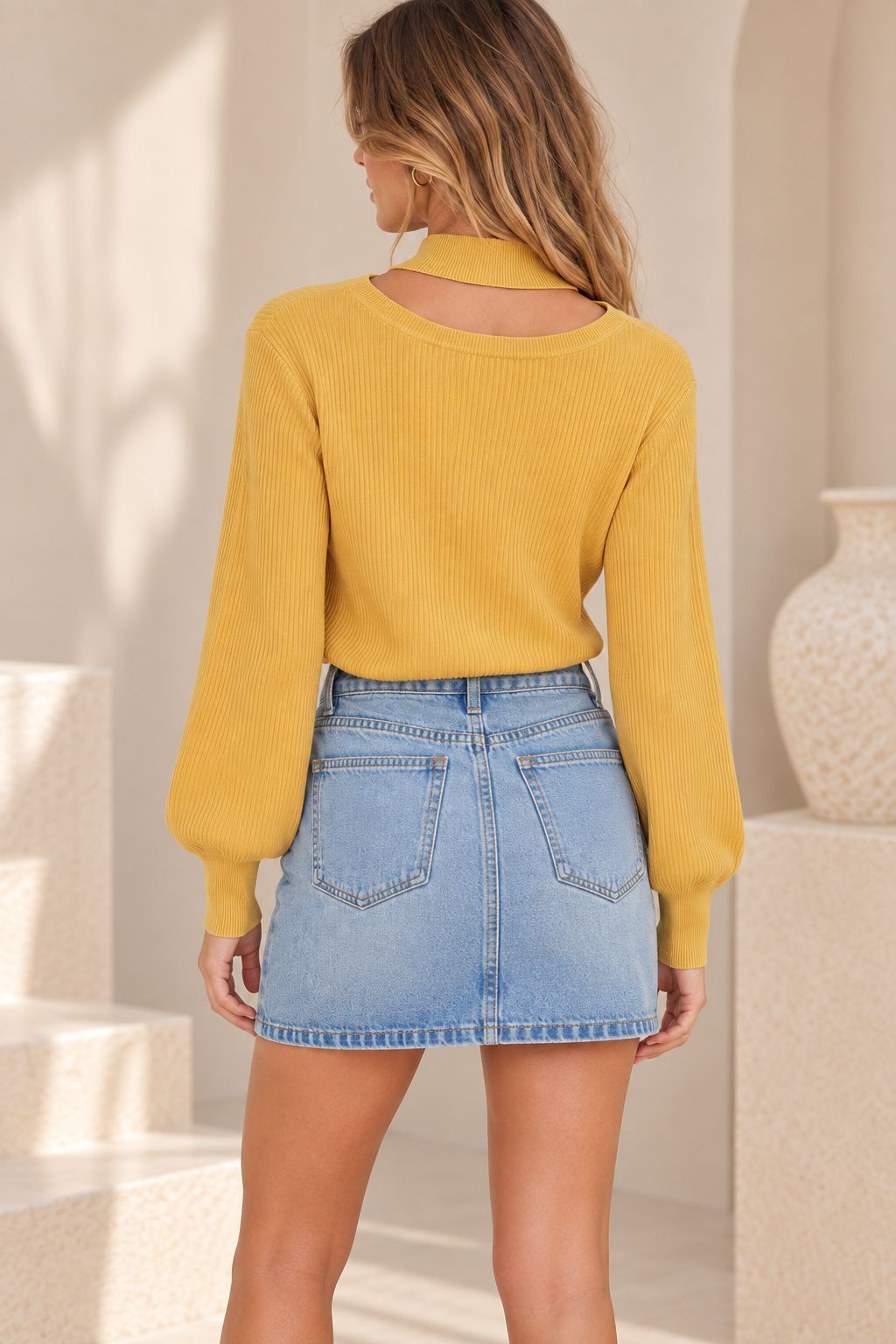 MINKPINK Rise Jumper Knit Sweater in Marigold back view showing ribbed knit texture, choker neckline and long sleeves