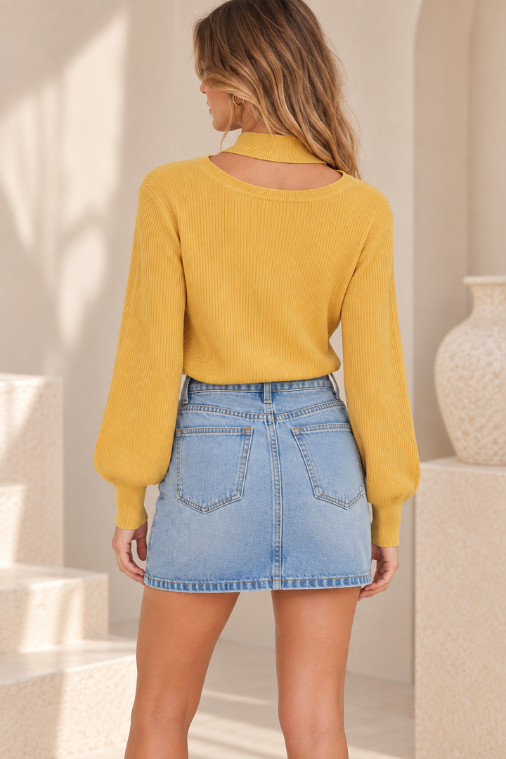 MINKPINK Rise Jumper Knit Sweater in Marigold back view showing ribbed knit texture, choker neckline and long sleeves