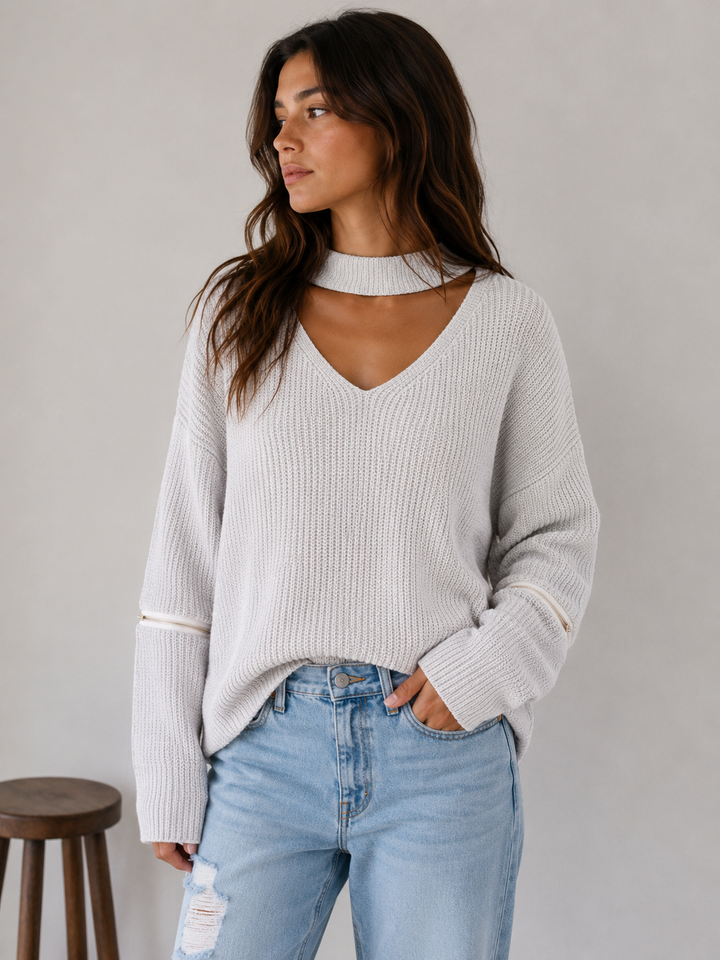 Final Sale - Material Girl Choker Sweater in Grey