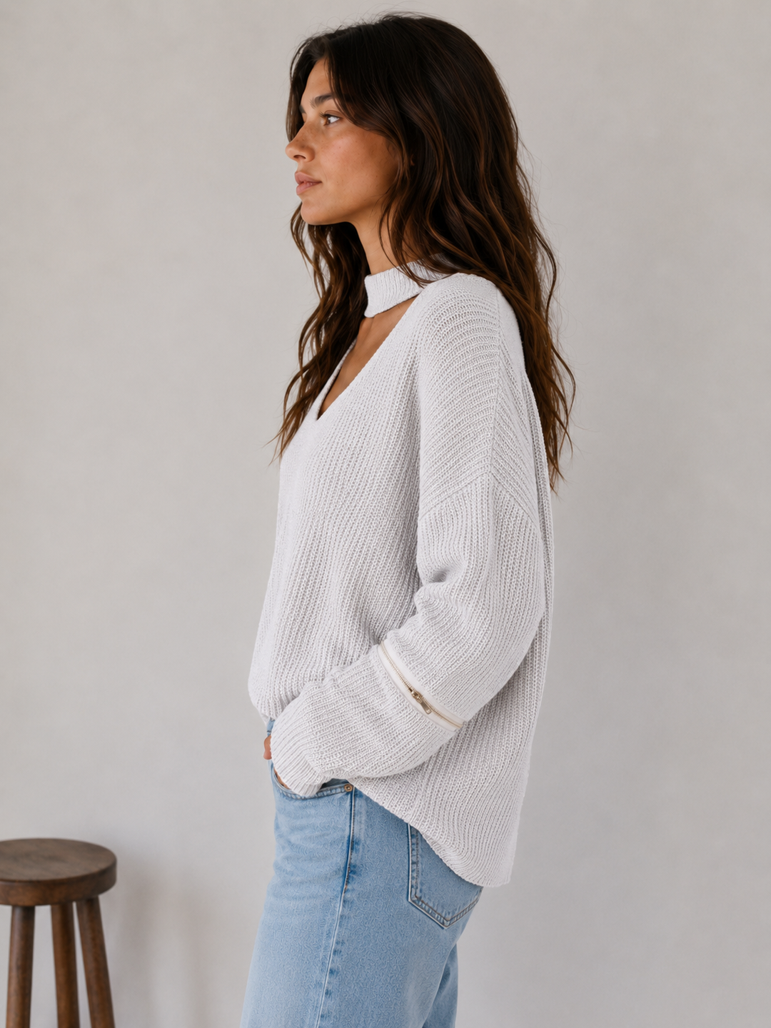 Final Sale - Material Girl Choker Sweater in Grey