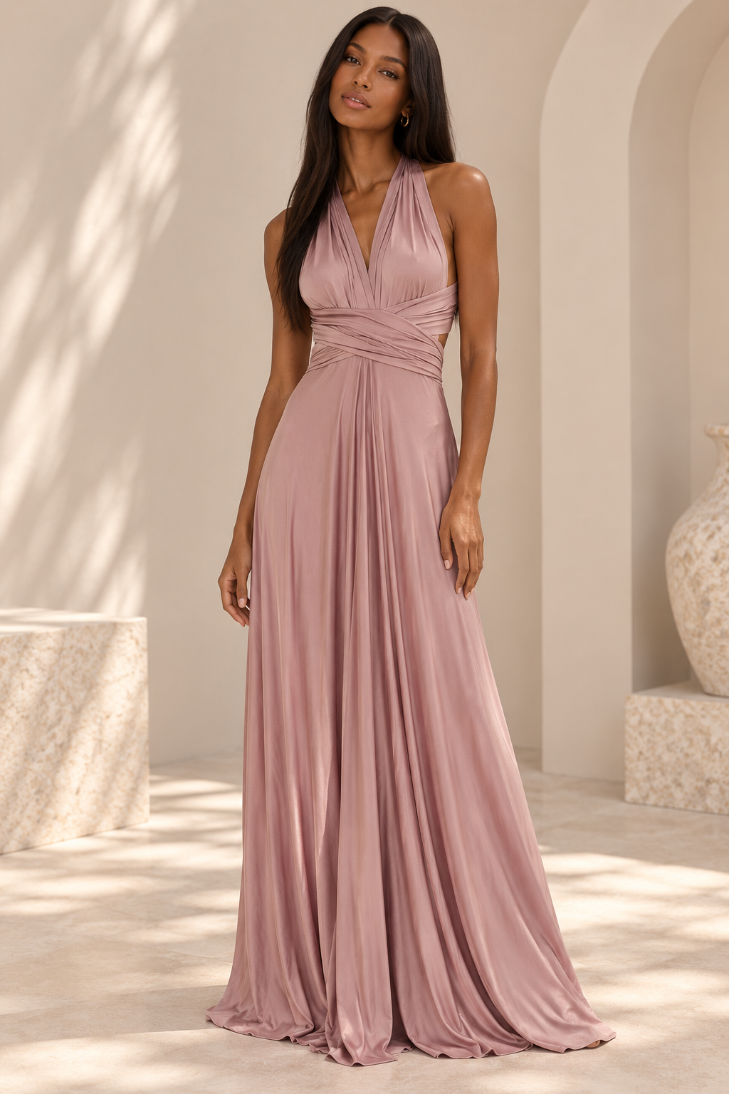 Brown Sugar Multi Wrap Maxi Dress front view with plunging halter neckline, wrapped waist and flowing floor-length skirt