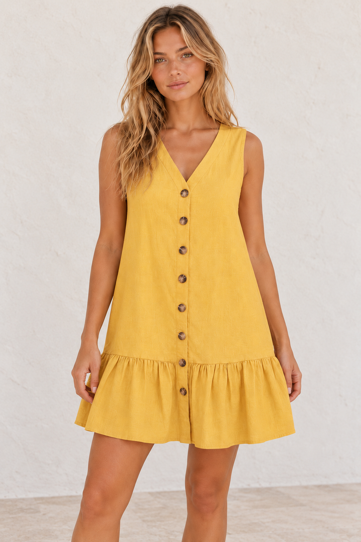 focused front view of the mustard sleeveless dress, showing eight decorative buttons and gathered ruffle hem.