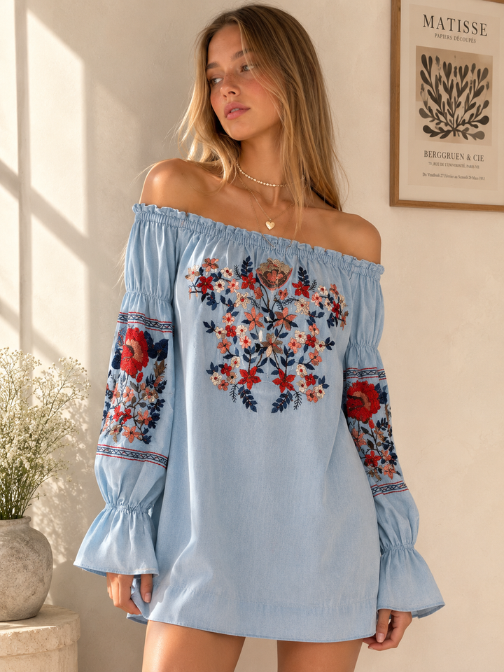Off Shoulder Embroidered Mini Dress in More Colors