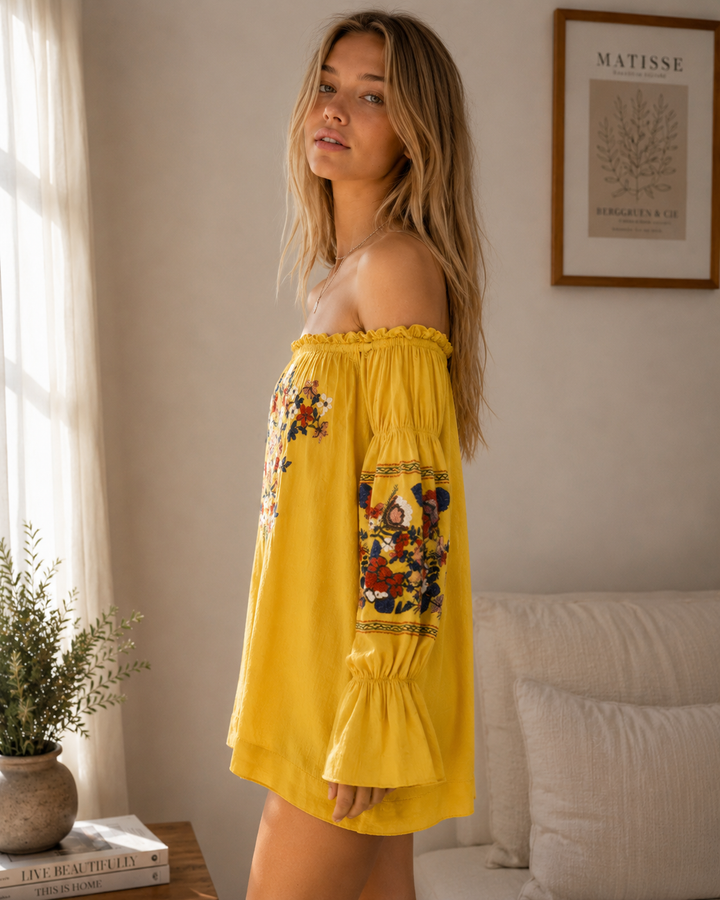 Off Shoulder Embroidered Mini Dress in More Colors