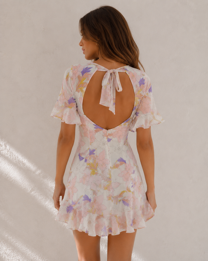 Open Back Floral Printed Chiffon Mini Dress in White