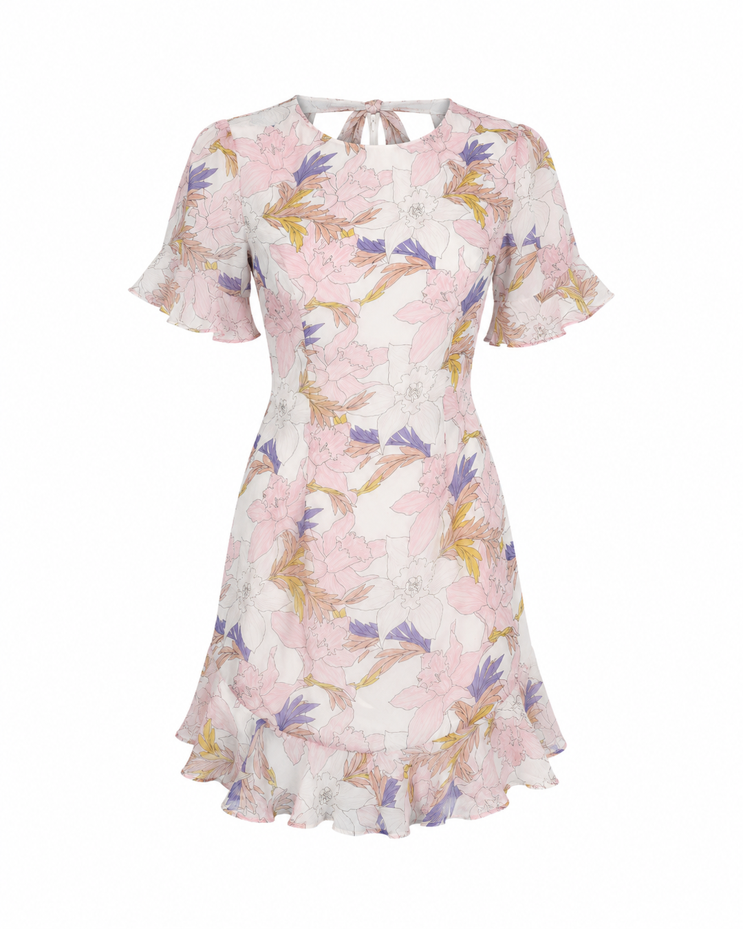 Open Back Floral Printed Chiffon Mini Dress in White