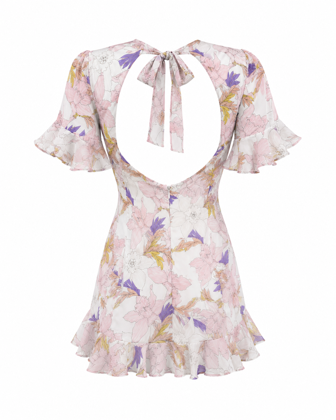 Open Back Floral Printed Chiffon Mini Dress in White