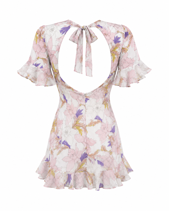 Open Back Floral Printed Chiffon Mini Dress in White
