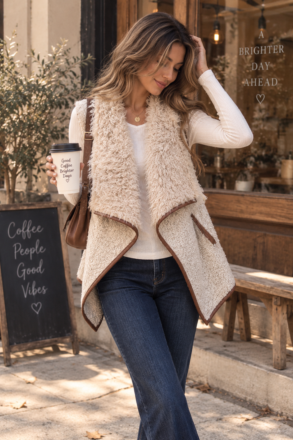 Open front sherpa vest with pockets in natural featuring brown contrast trim styled with a white long sleeve top and dark wash jeans