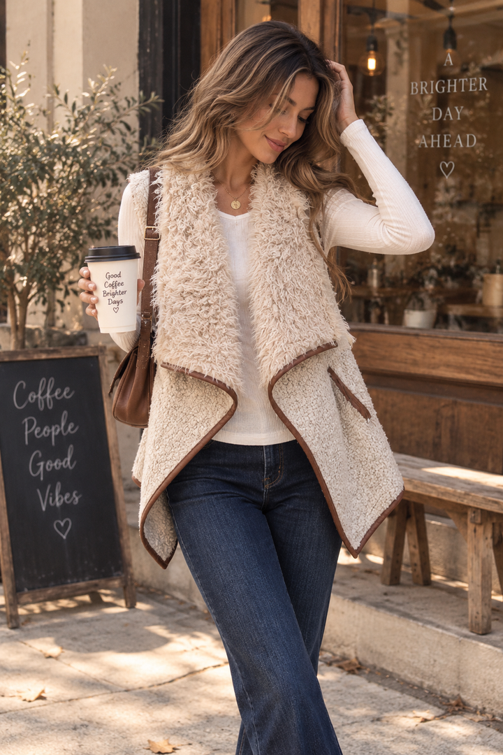 Open front sherpa vest with pockets in natural featuring brown contrast trim styled with a white long sleeve top and dark wash jeans