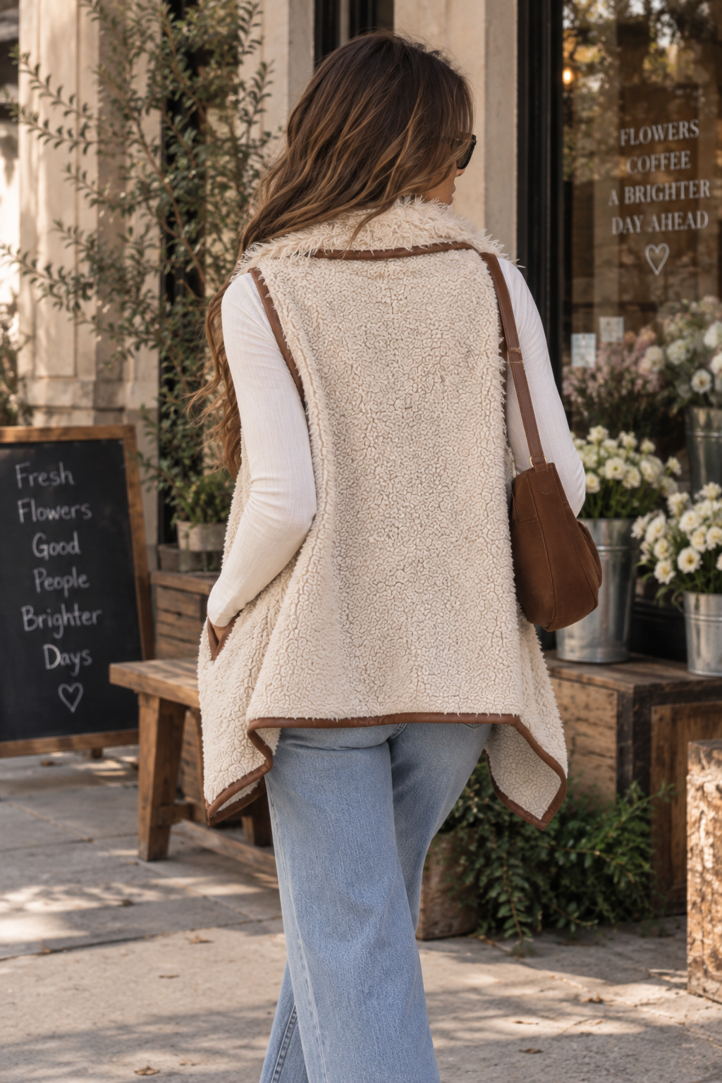 Open Front Sherpa Vest with Pockets in Natural