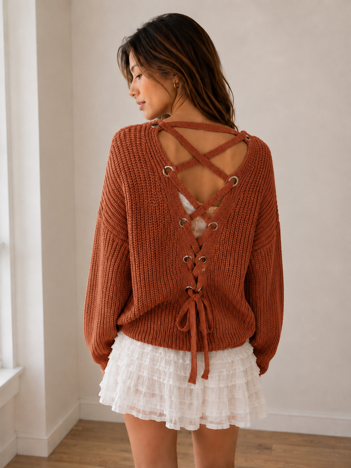 Own the Night Lace Up Back Knit Sweater in More Colors