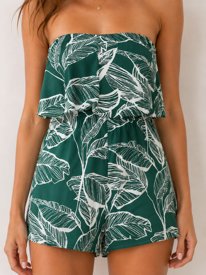 Palm Escape Strapless Tropical Romper