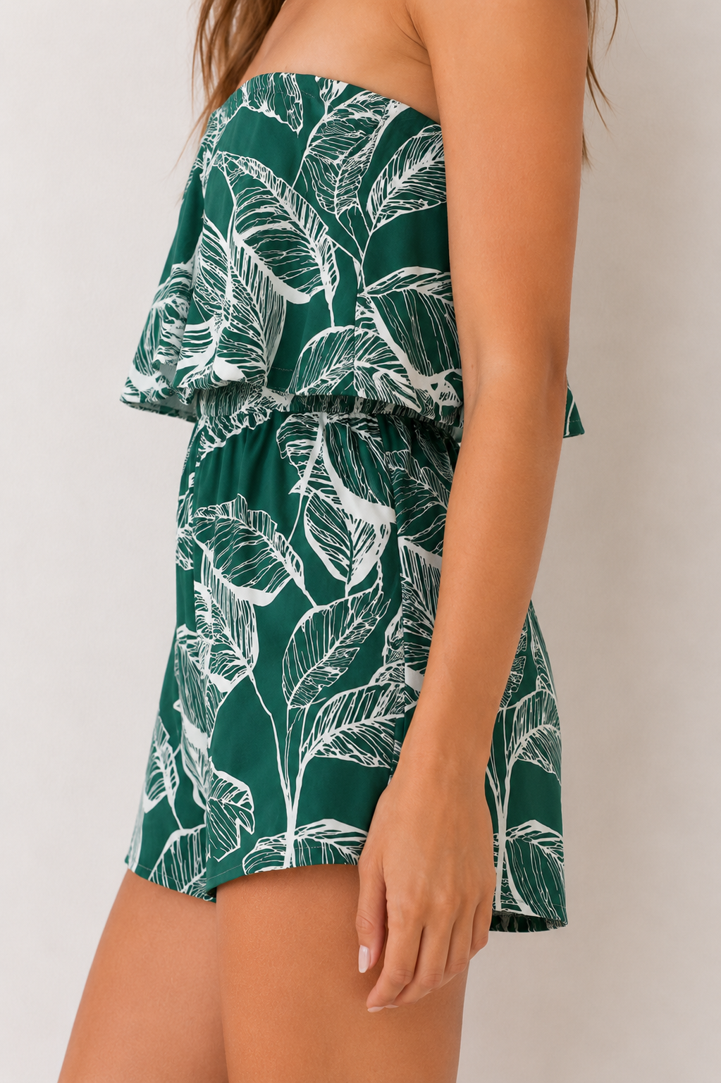 Palm Escape Strapless Tropical Romper