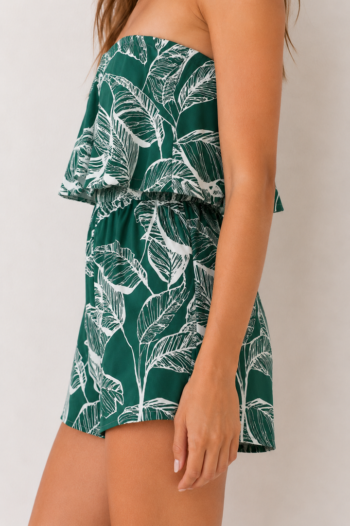 Palm Escape Strapless Tropical Romper