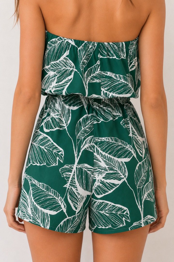 Palm Escape Strapless Tropical Romper