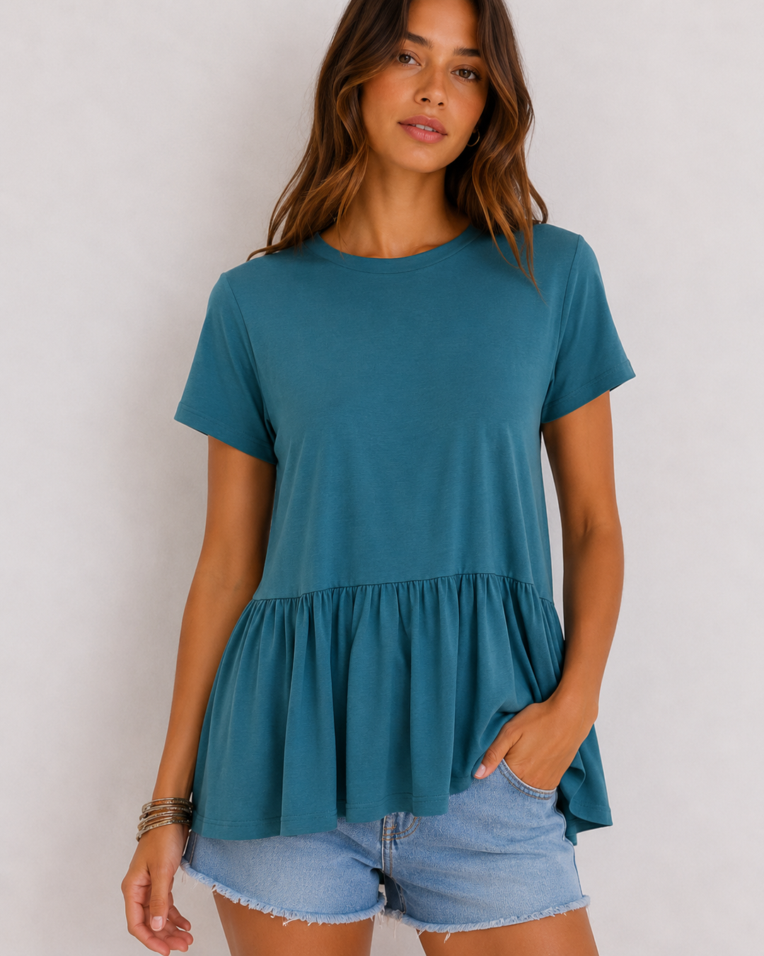 Peplum Crewneck Tee Shirt in More Colors