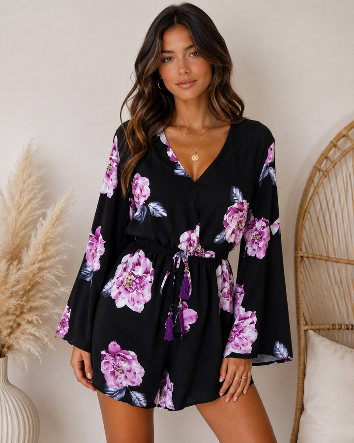Reverse - Floral Print Black Surplice Romper