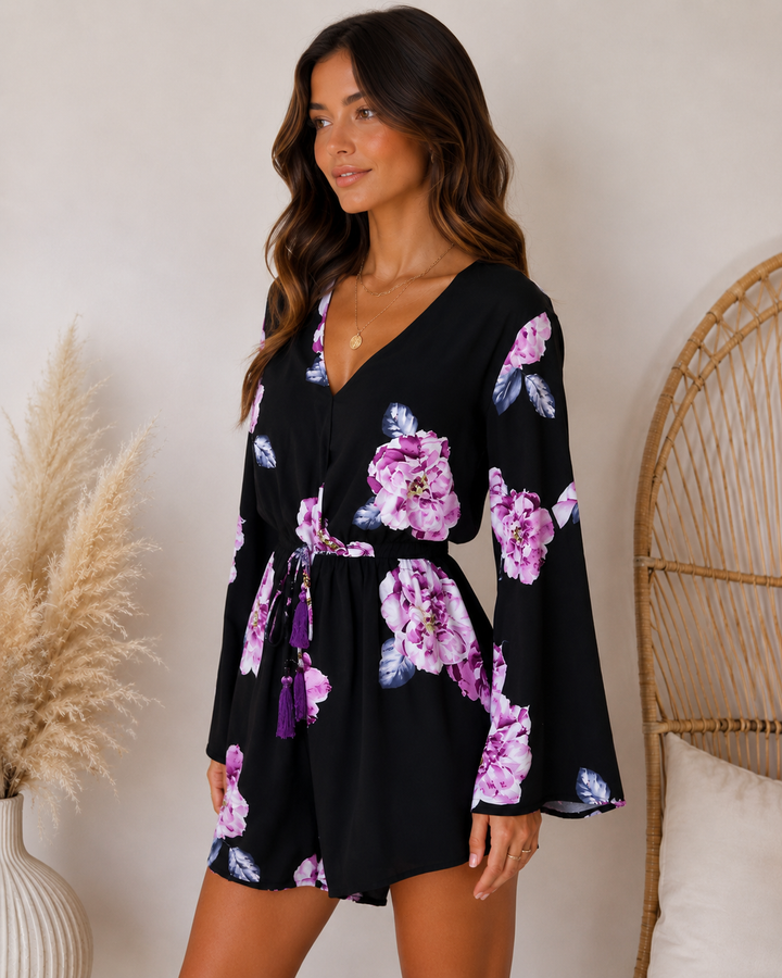Reverse - Floral Print Black Surplice Romper