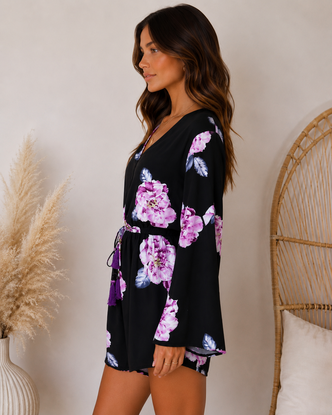 Reverse - Floral Print Black Surplice Romper