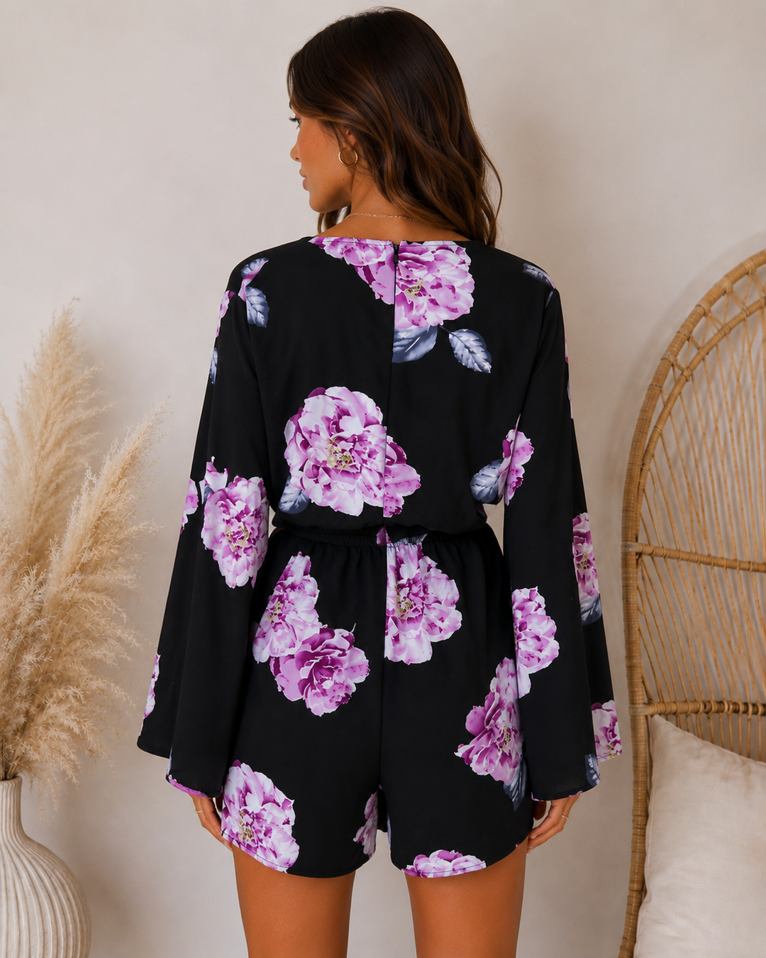 Reverse - Floral Print Black Surplice Romper