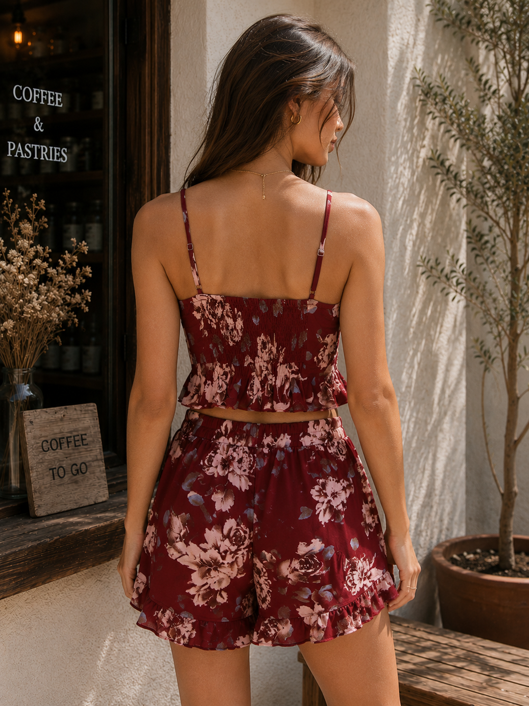 Reverse - Burgundy Bloom Lace-Up Floral Crop Top & Ruffle Shorts Set