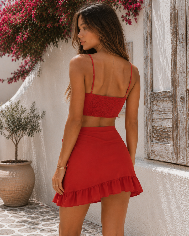 Reverse Fawn Tie Front Two Piece Set in Red
