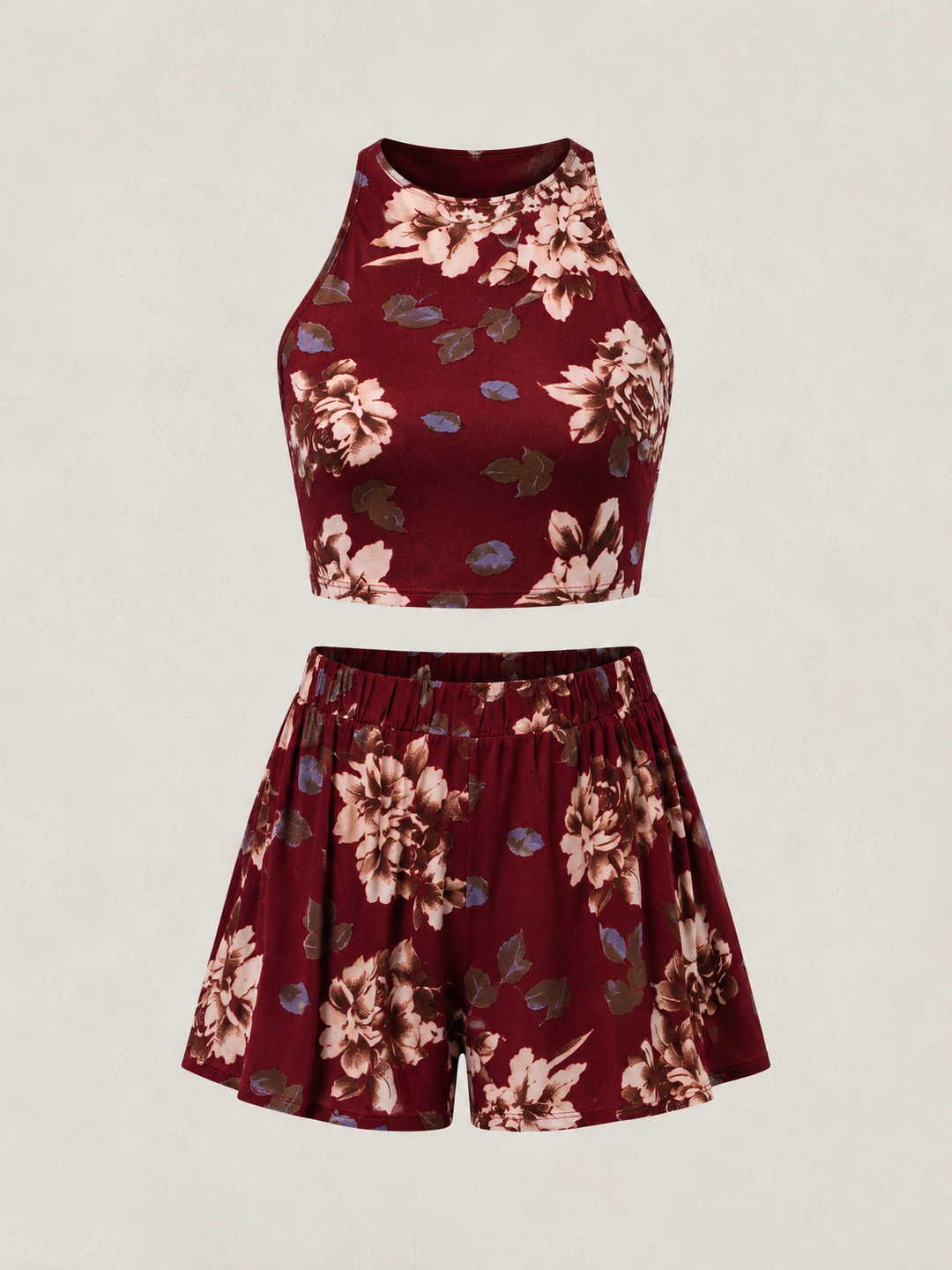 Reverse - Long Weekend Floral Print Halter Two Piece Set in Burgundy