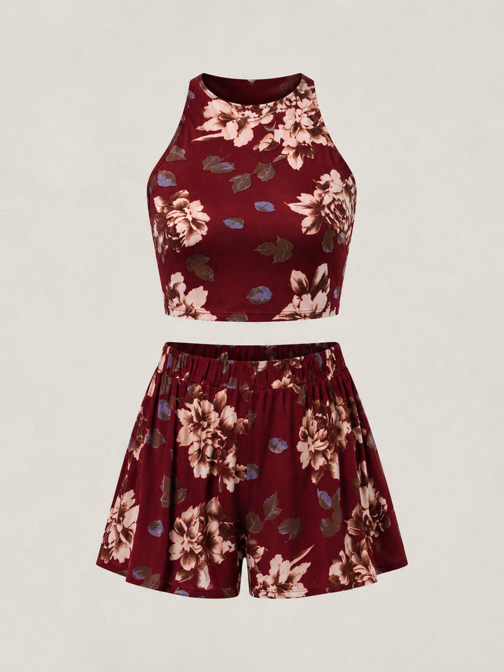 Reverse - Long Weekend Floral Print Halter Two Piece Set in Burgundy