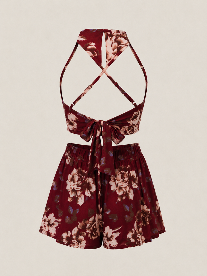 Reverse - Long Weekend Floral Print Halter Two Piece Set in Burgundy