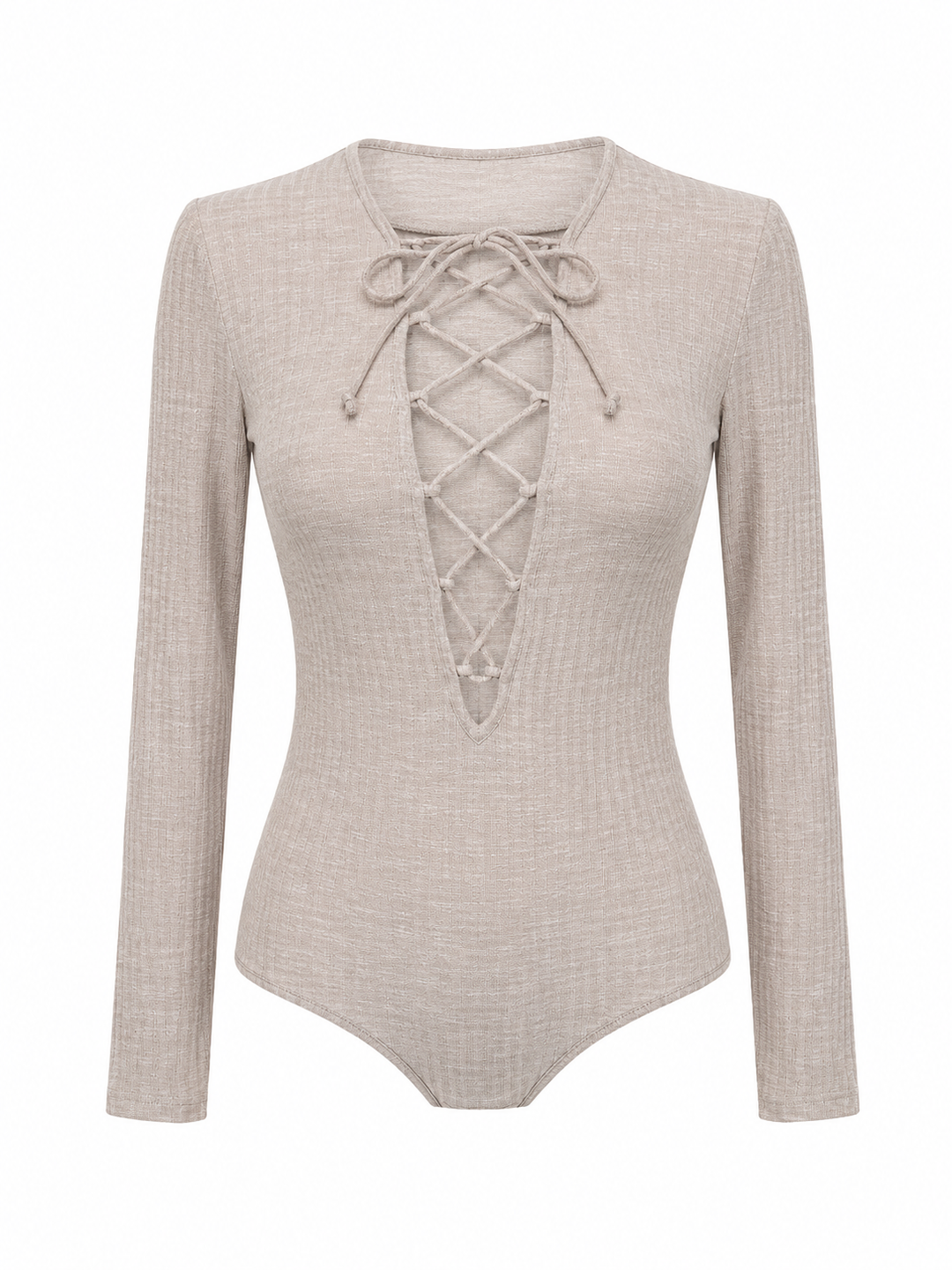 Ribbed Lace Up Front Bodysuit in Grey