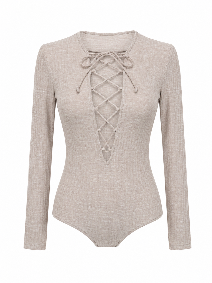 Ribbed Lace Up Front Bodysuit in Grey
