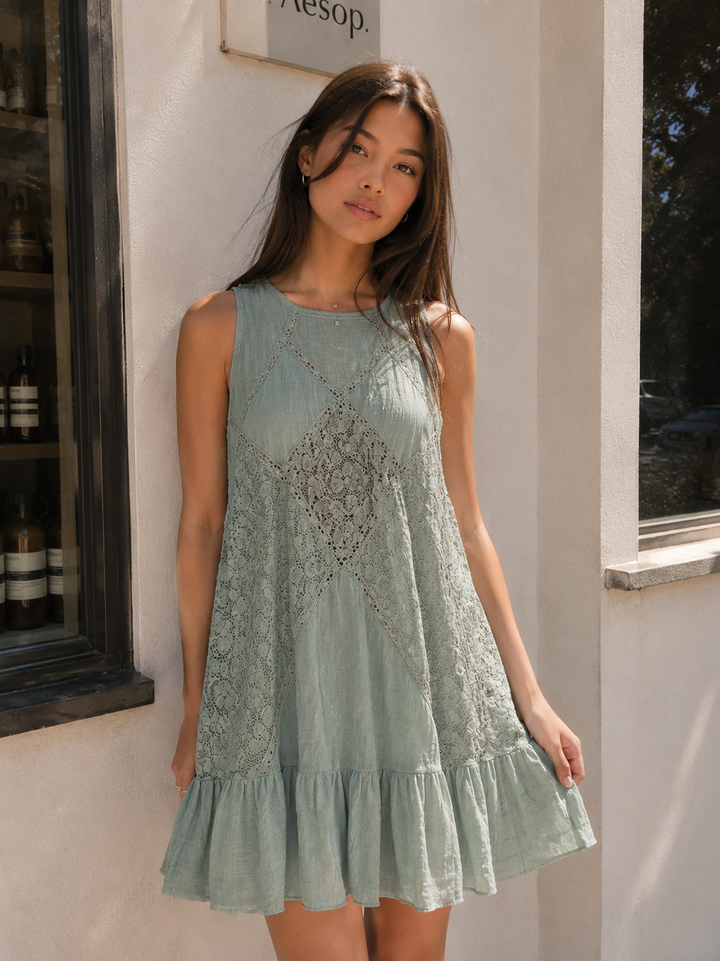 Sage Lace Sleeveless Swing Mini Dress
