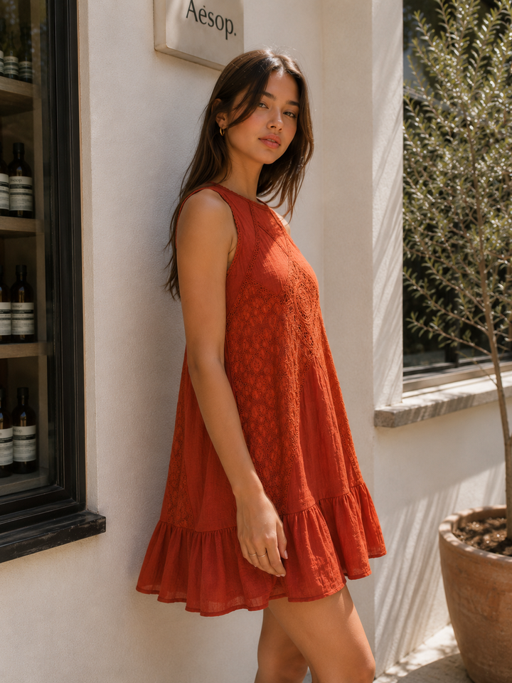 Sage Lace Sleeveless Swing Mini Dress
