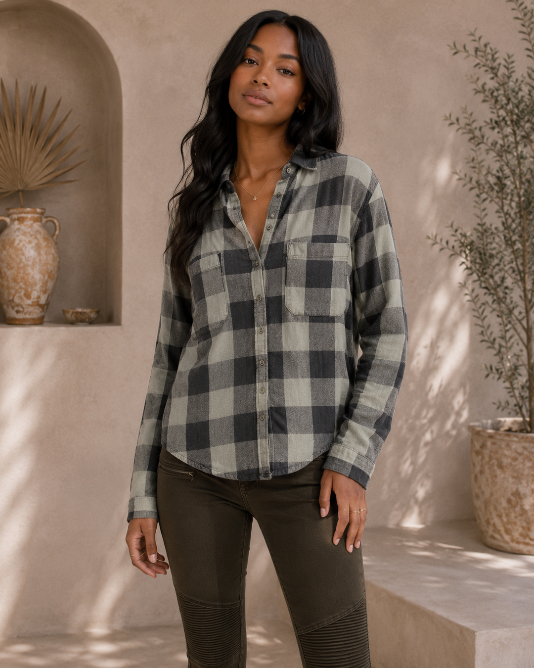 Sea Gypsies Coney women's charcoal and cream plaid button-front shirt with dual chest pockets.