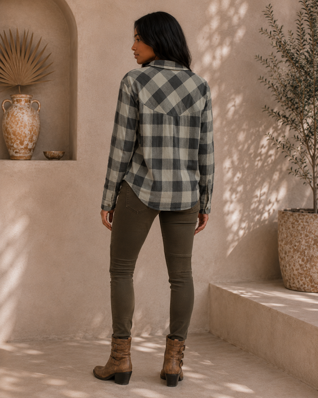 Sea Gypsies Coney Olive Plaid Button Front Shirt