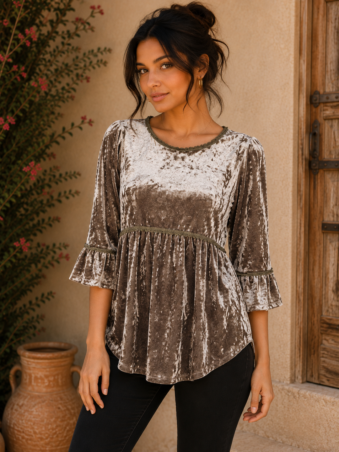 Olive crushed velvet babydoll top with scalloped trim and flared quarter-length sleeves.