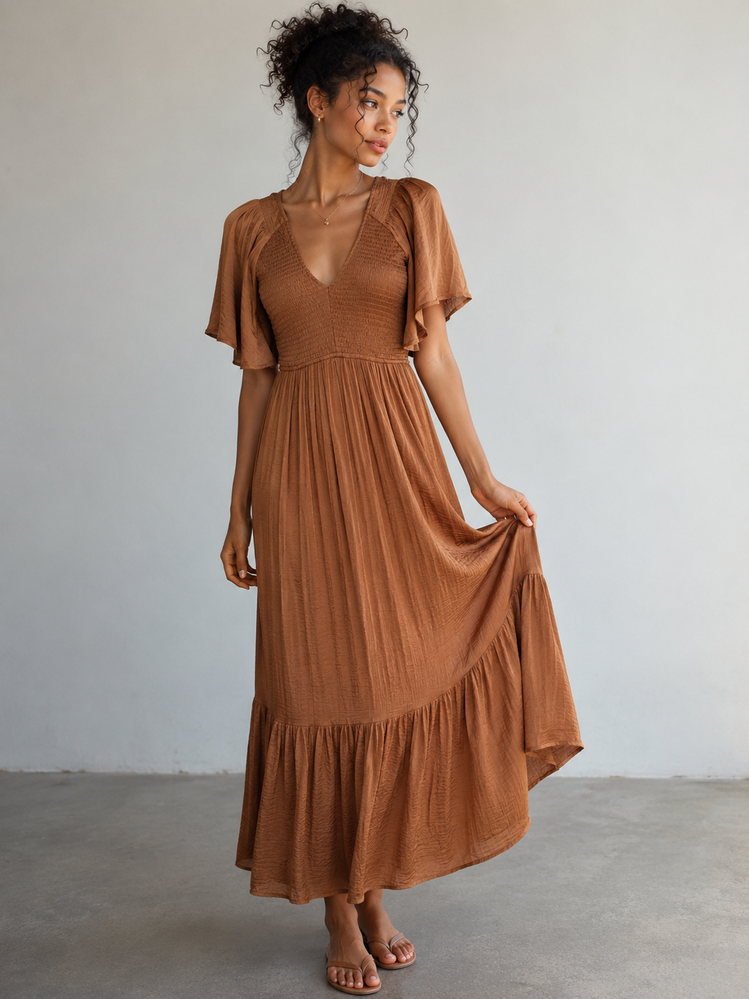 Sienna Sunset Smocked Maxi Dress in Copper