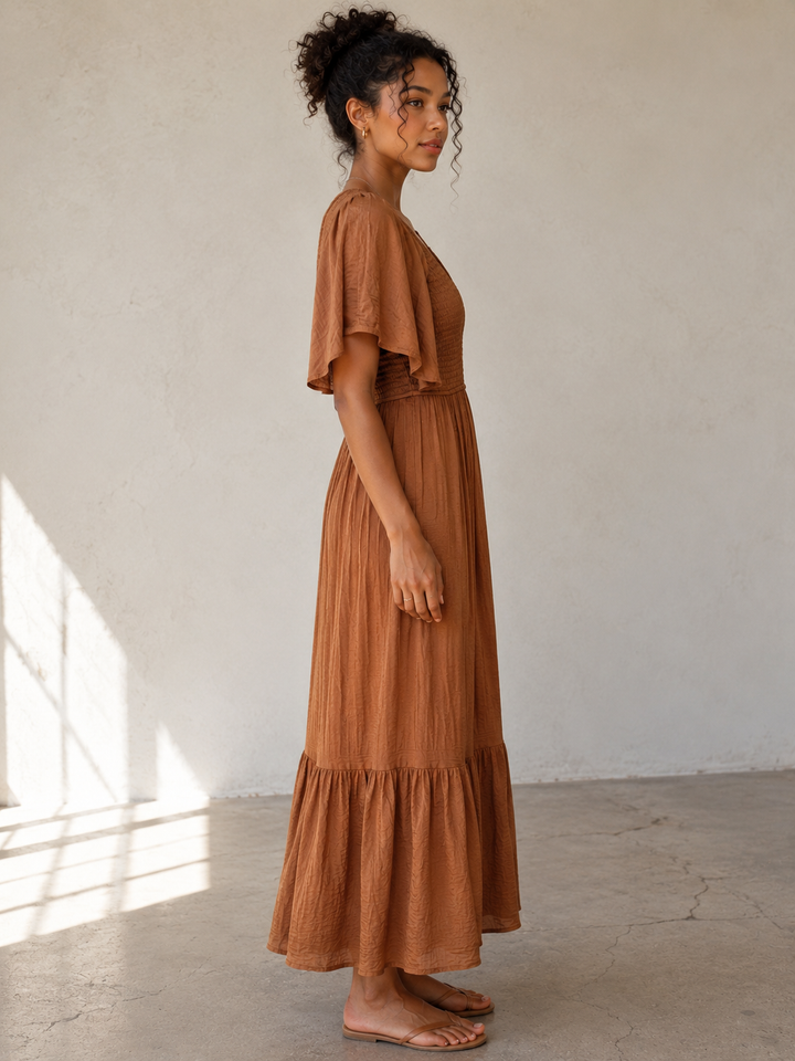 Sienna Sunset Smocked Maxi Dress in Copper