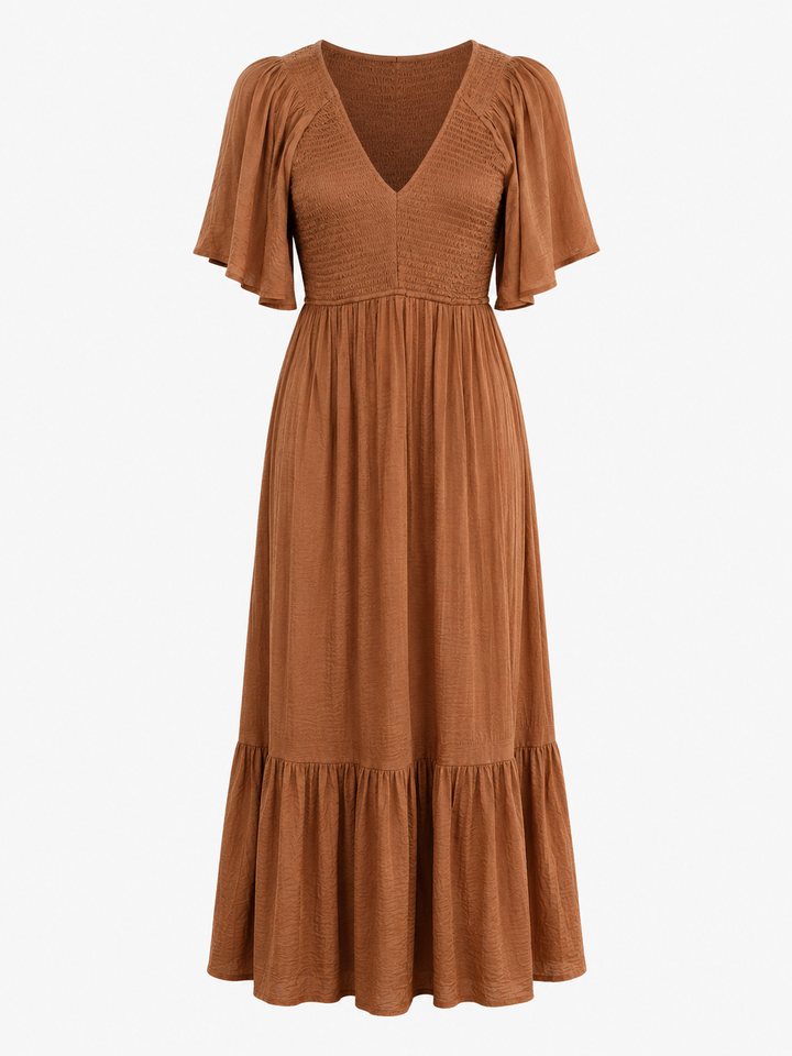Sienna Sunset Smocked Maxi Dress in Copper