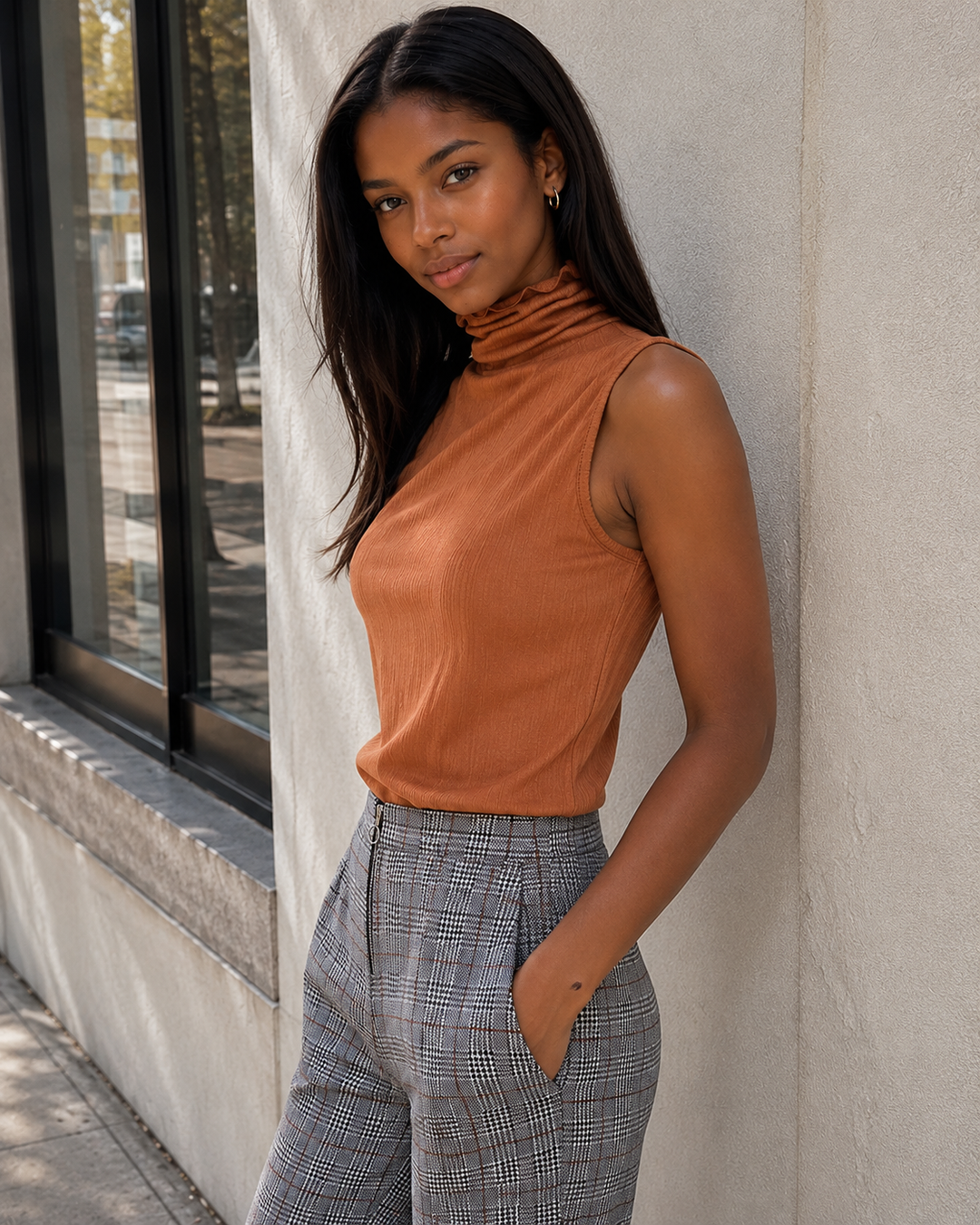 Gucci Tan sleeveless ribbed turtleneck top with fitted silhouette and gathered high neckline, side view.