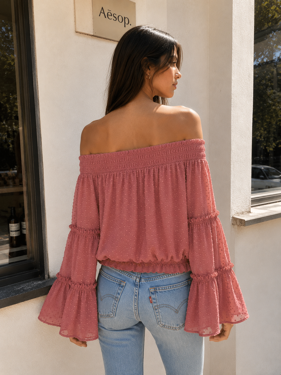 Smocked Sheer Off The Shoulder Bell Sleeved Swiss Dot Top - More Colors