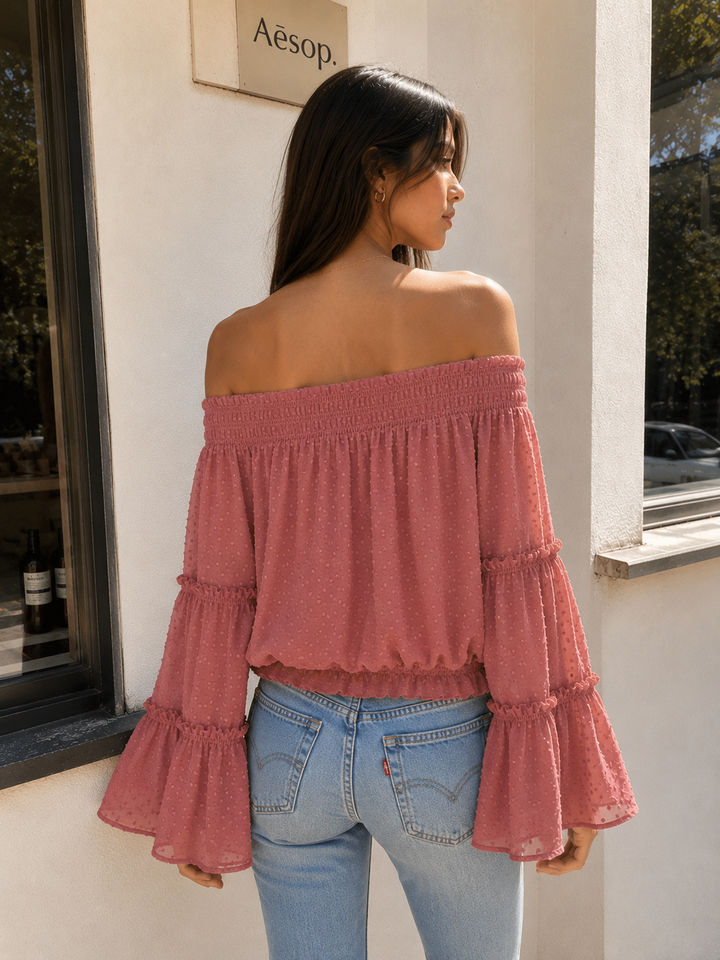 Smocked Sheer Off The Shoulder Bell Sleeved Swiss Dot Top - More Colors